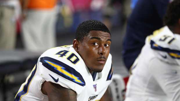 Aug 8, 2019; Glendale, AZ, USA; Los Angeles Chargers linebacker Chris Peace (40) against the Arizona Cardinals during a preseason game at State Farm Stadium.